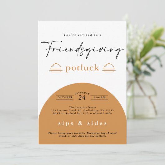 Friendsgiving Erntedank Modern Potluck Dinner Einladung (Stehend Vorderseite)