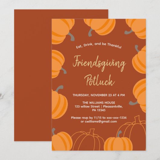 Friendsgiving Erntedank Potluck Fall Pumpkin Einladung (Vorne/Hinten)