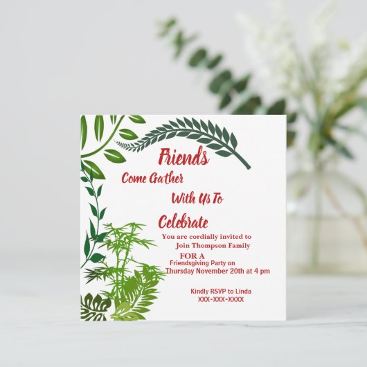 Friendsgiving Green Herbst Herbst Wasserfarbe Einladung (Stehend Vorderseite)