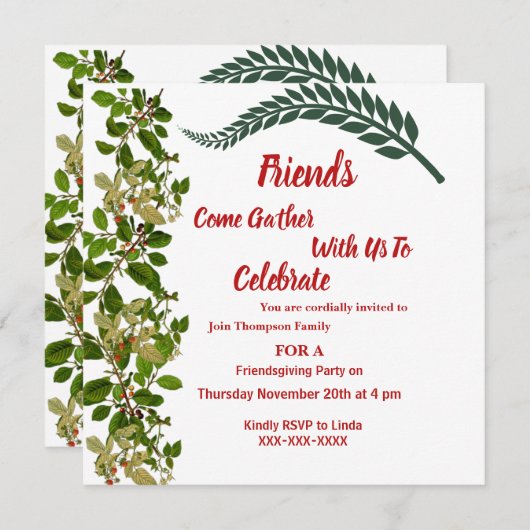 Friendsgiving Herbst Grüne Blätter Wasserfarbe Einladung (Vorne/Hinten)