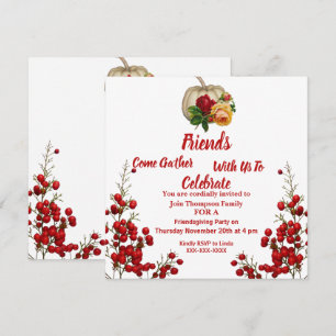 Friendsgiving Herbst Kürbstkürbis Rose Red Berry Einladung