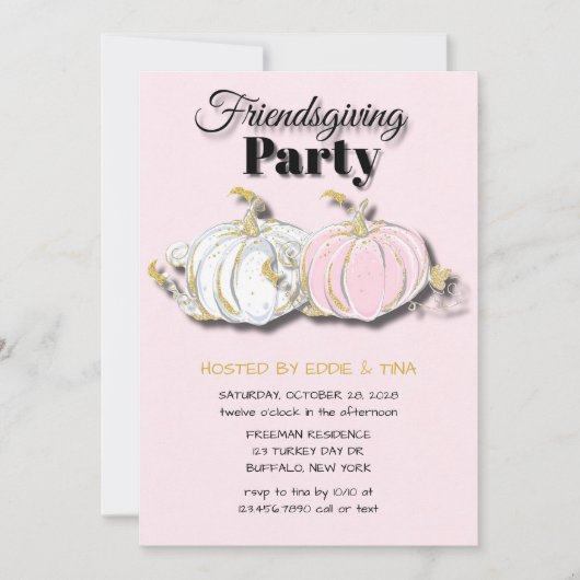 Friendsgiving Party Pink White Pumpkins Einladung (Vorderseite)