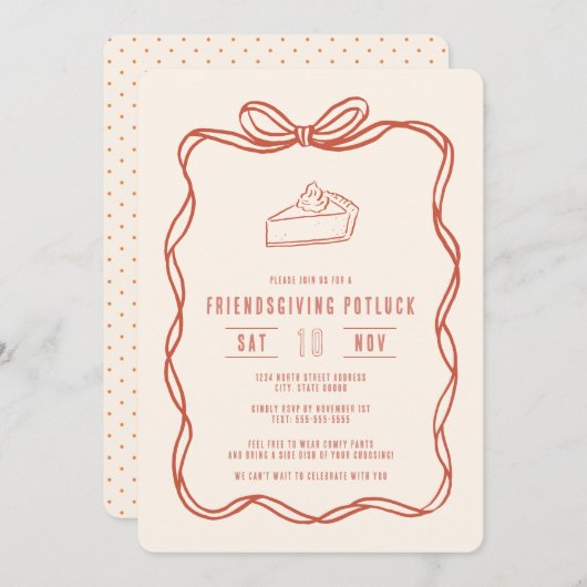 Friendsgiving Potluck Dinner Coquette Bow Pie Einladung (Vorne/Hinten)