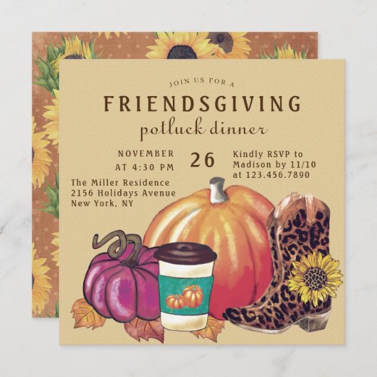 Friendsgiving Potluck Dinner Sonnenblume Pumpkin Einladung (Vorne/Hinten)