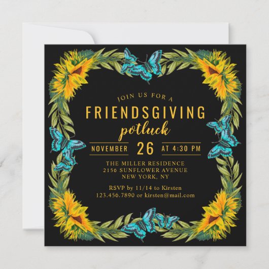 Friendsgiving Potluck Dinner Wasserfarbe Sonnenblu Einladung (Vorderseite)