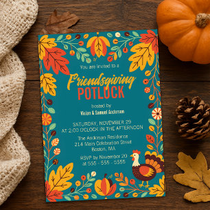 Friendsgiving Potluck Herbstblätter Truthahn Türki Einladung