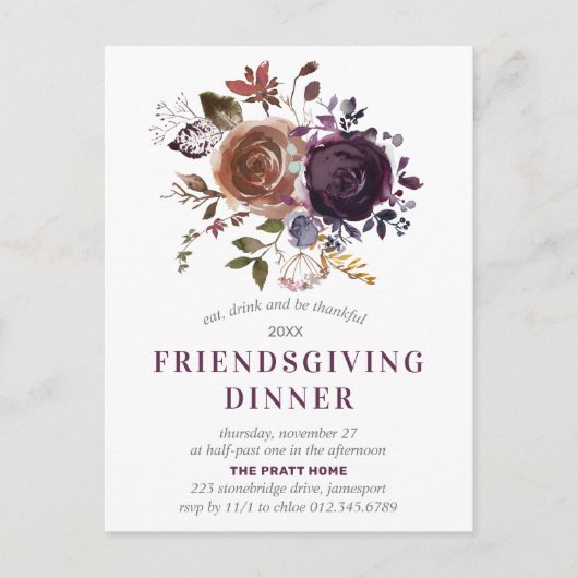 Friendsgiving Rustic Boho Lila Flora Einladung Postkarte (Vorderseite)