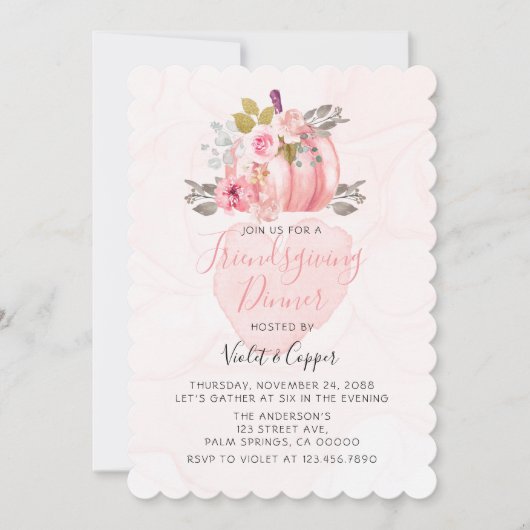 Friendsgiving Watercolor Pumpkin Peony Pink Einlad Einladung (Vorderseite)