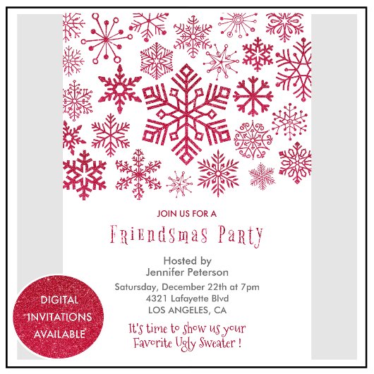Friendsmas Einladung Weihnachten Schneeflocken Rot