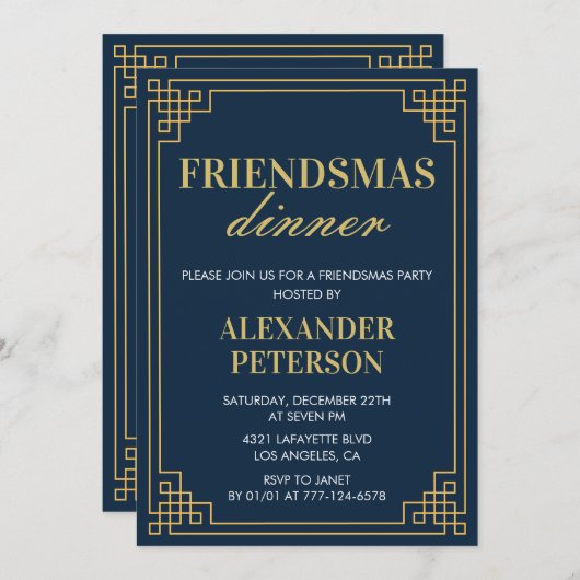 Friendsmas Einladungen Abendessen Navy Gold (Vorne/Hinten)