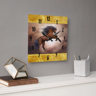 Friesian brown horse rearing up with misty clouds quadratische wanduhr