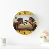 Friesian Draft Horses in a rocky mountain valley Große Wanduhr (Zuhause)