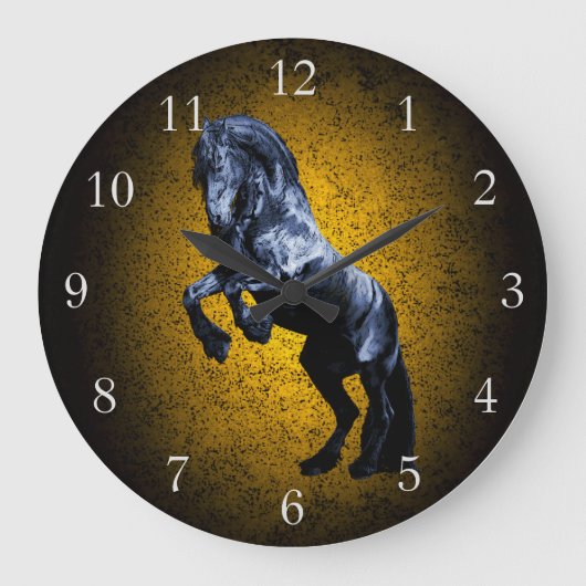 Friesian Horse, Black Stallion Beauty Gold Granite Große Wanduhr (Vorderseite)