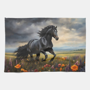 Friesian Horse Galloping Wildblumen Geschirrtuch