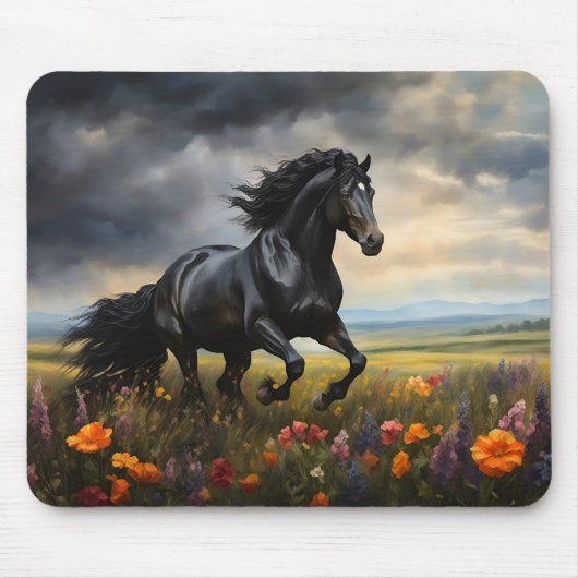 Friesian Horse Galloping Wildblumen Mousepad (Vorne)