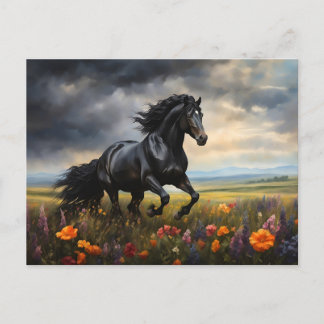 Friesian Horse Galloping Wildblumen Postkarte