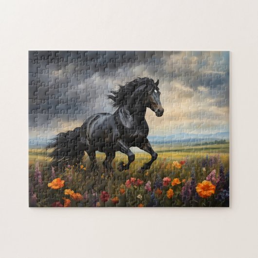 Friesian Horse Galloping Wildblumen Puzzle (Horizontal)