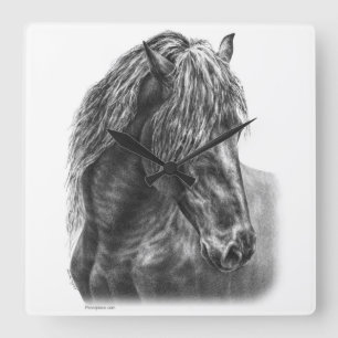 Friesian Horse Portrait Wavy Mane Quadratische Wanduhr