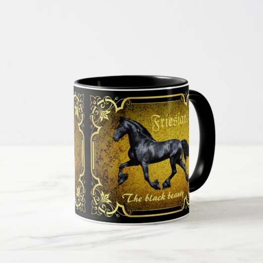 Friesischer Pferd, Silhouette/Gold/Schwarz/Schwarz Tasse (VorderseiteRechts)