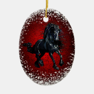 Friesischer, schwarzer Hengst 3,Schnee, roter Gran Keramik Ornament