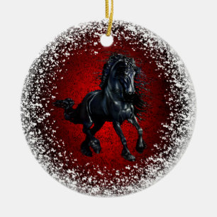 Friesischer, schwarzer Hengst 3,Schnee, roter Gran Keramik Ornament