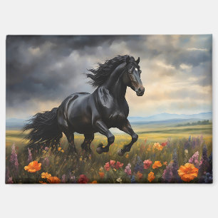 Friesisches Pferd galoppiert durch Wildblumen Magnet