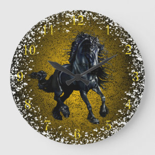 Friesisches Pferd, schwarze Schönheit, Schnee, Gol Große Wanduhr