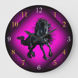 Friesisches Pferd, schwarzer Hengst Schönheitspink Große Wanduhr