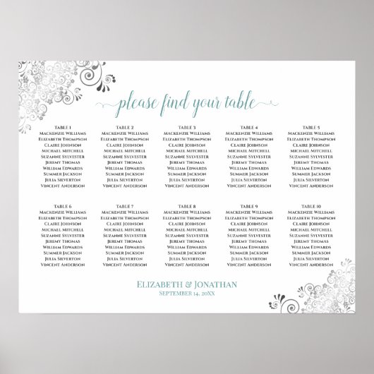 Frilly 10 Table Wedding Seating Chart White & Aqua Poster (Vorne)