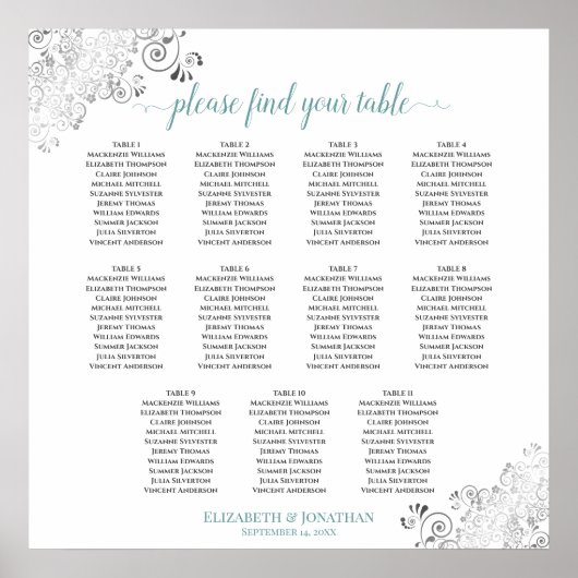 Frilly 11 Table Wedding Seating Chart White & Aqua Poster (Vorne)