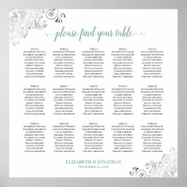 Frilly 15 Table Wedding Seating Chart White & Aqua Poster