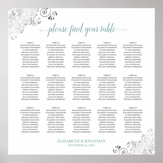 Frilly 15 Table Wedding Seating Chart White & Aqua Poster (Vorne)