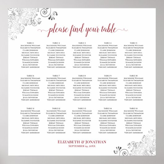 Frilly 15 Table Wedding Seating Chart White & Red Poster (Vorne)