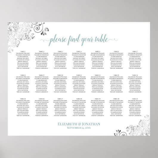 Frilly 21 Table Wedding Seating Chart White & Aqua Poster (Vorne)