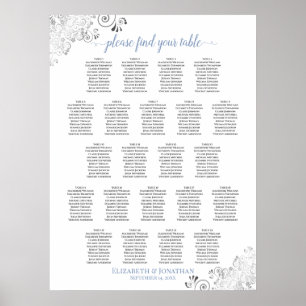 Frilly 22 Table Wedding Seating Chart White & Blue Poster