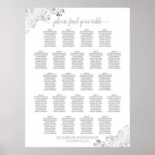 Frilly 22 Table Wedding Seating Chart White & Blue Poster (Vorne)