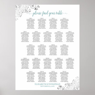 Frilly 22 Table Wedding Seating Chart White & Teal Poster