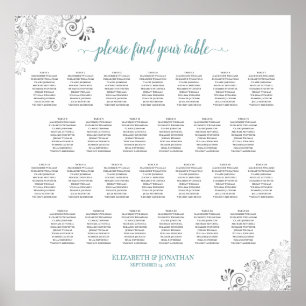 Frilly 26 Table Wedding Seating Chart White & Aqua Poster