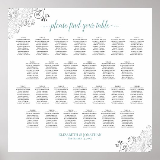 Frilly 26 Table Wedding Seating Chart White & Aqua Poster (Vorne)