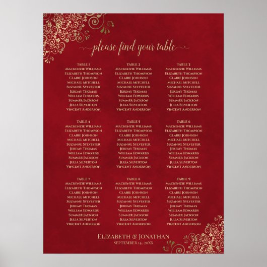 Frilly 9 Table Wedding Chart Red & Gold Poster (Vorne)