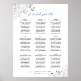 Frilly 9 Table Wedding Seating Chart White & Blue Poster