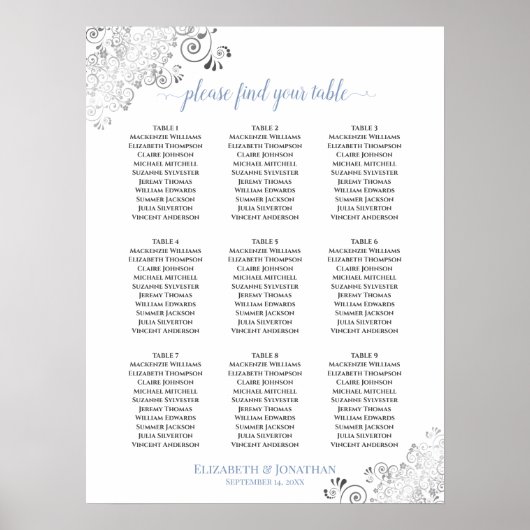 Frilly 9 Table Wedding Seating Chart White & Blue Poster (Vorne)