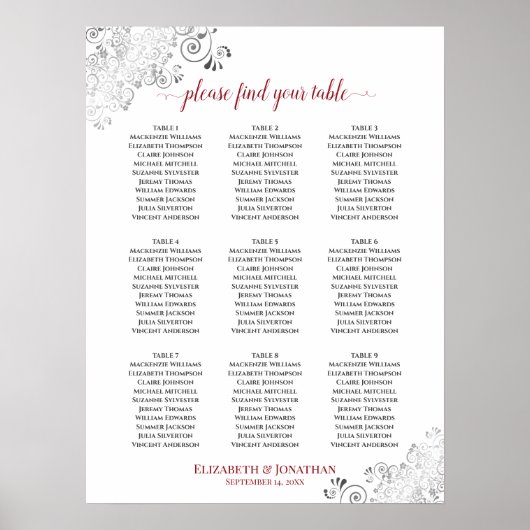 Frilly 9 Table Wedding Seating Chart White & Red Poster (Vorne)