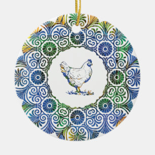 Frilly Chicken in blau und grün Keramik Ornament