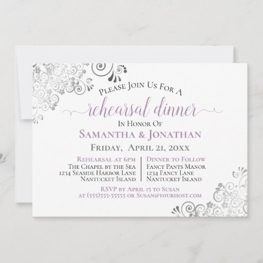 Frilly Elegant Lavender Wedding Probe Dinner Einladung (Vorderseite)