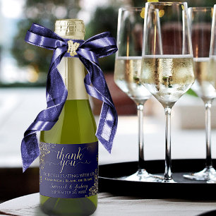 Frilly Gold auf Navy Blue Wedding Danke Mini Schaumweinetikett