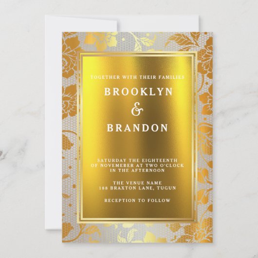 Frilly Gold Burgundy Maroon Einfaches Hochzeitspaz Einladung (Rückseite)