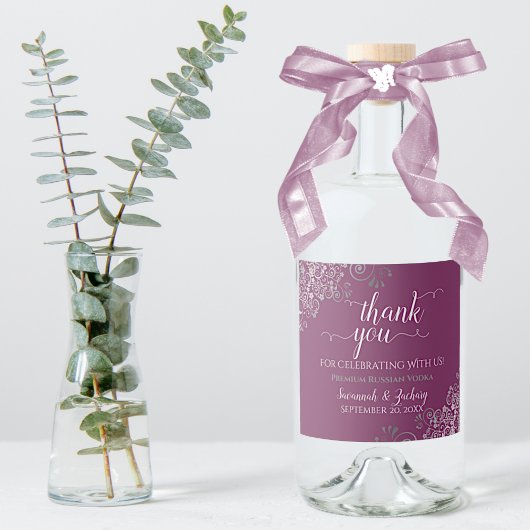 Frilly Silver auf Cassis Lila Wedding Vielen Dank Alkoholflaschenetikett