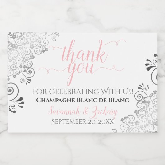 Frilly Silver Pink & White Wedding Danke Mini Schaumweinetikett (Einzelnes Label)