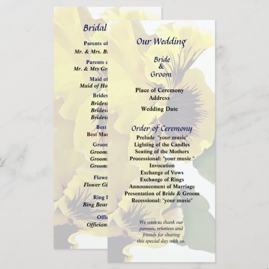 Frilly Yellow Stiefmütterchens Wedding Program Programm (Vorne/Hinten)